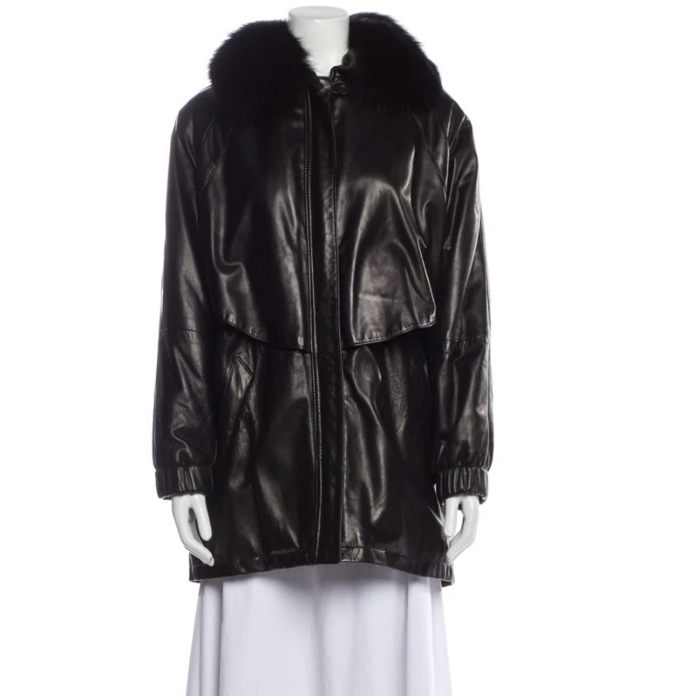 Vintage Damselle New York Luxurious Black Leather Jacket with Fur Collar